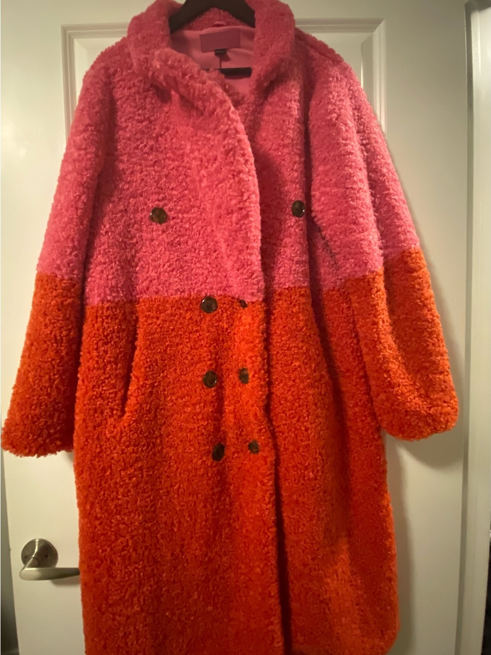 Colorblock Bouclé TEDDY Coat in Pink and Orange - Picture 2 of 9